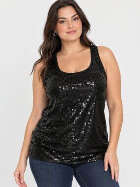 N.W.D. New Woman Design Sequin Tank Top Women's XXL Black Sleeveless Stretch Top